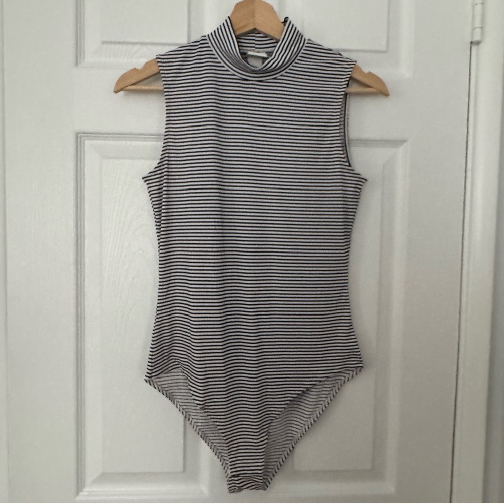 H&M Black and White Striped Turtleneck Bodysuit